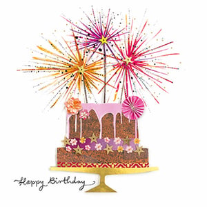 A birthday card with a cake and fireworks that says "happy birthday".