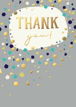 A thank you card with gold letters on a gray background.