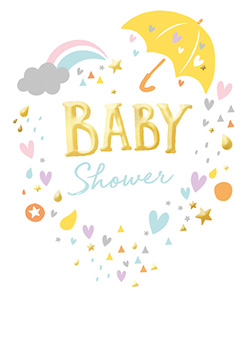 A baby shower invitation with a heart-shaped frame.