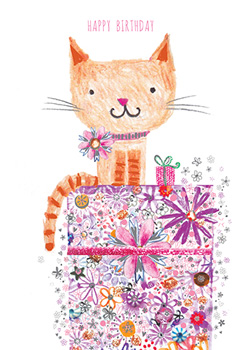 A happy birthday card with a cat sitting on top of a gift box.