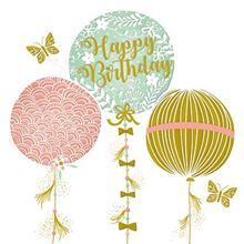 A happy birthday card with three balloons and butterflies.