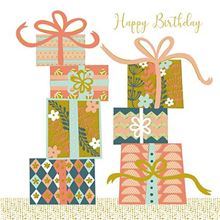 A birthday card with a stack of gifts and the words "Happy Birthday."