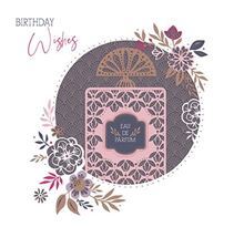 A birthday card with a bottle of perfume and flowers.