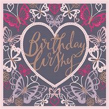 A birthday card with a heart surrounded by butterflies and more hearts.