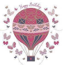 A hot air balloon is surrounded by butterflies on a birthday card.