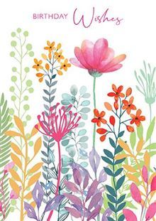 A birthday card with flowers and leaves on a white background.