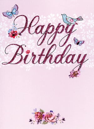 A happy birthday card with flowers and butterflies.

(No grammatical errors)