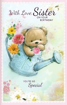 A birthday card with a teddy bear in a watering can for a sister.