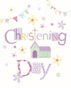 It is a christening day card for a girl with a church and flowers.