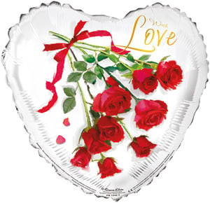 A heart-shaped balloon with red roses and the word "love" on it.