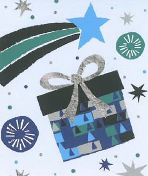 A Christmas card with a gift box and a star is flying through the air.