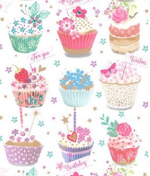There are many different cupcakes on this wrapping paper.
