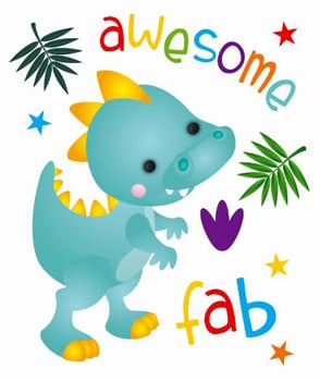 A blue dinosaur is surrounded by the words "awesome fab."