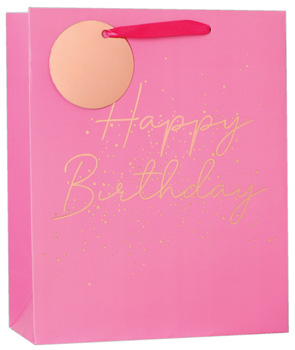 A pink gift bag that says "Happy Birthday" on it.
