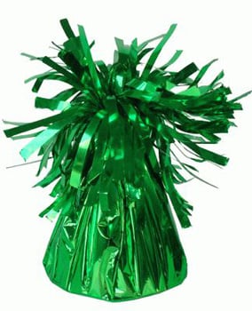 A green foil balloon weight with tinsel on a white background.