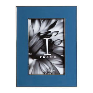 A blue picture frame with a picture of a flower on it. (No grammatical errors.)