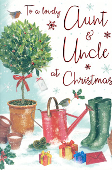 A Christmas card that says "To a lovely aunt and uncle at Christmas."