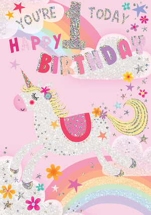 a birthday card with a unicorn and the words " you 're 1 today "