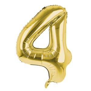 A gold foil balloon in the shape of the number four.