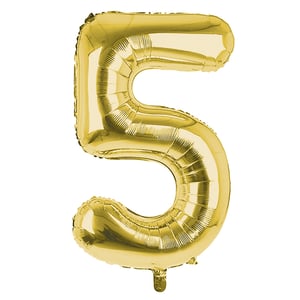 A gold balloon is shaped like the number 5.