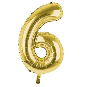 A gold balloon in the shape of the number 6.