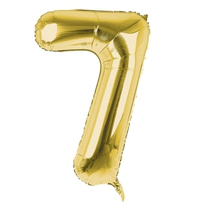 A gold balloon in the shape number 7.