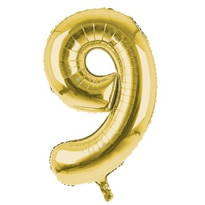 A gold balloon in shaped like the number 9.