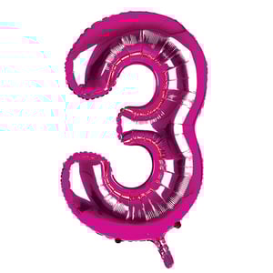 A pink balloon in the shape of the number three.