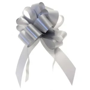 A silver bow with a white ribbon on a white background.