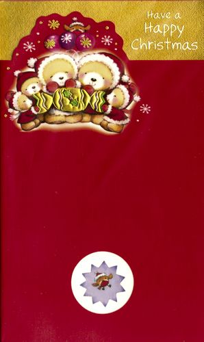 A Christmas card with three teddy bears and a star on it.