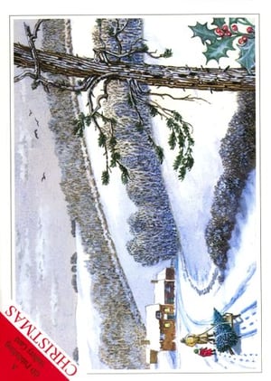 A Christmas card shows a man pulling a sleigh with a Christmas tree on it.