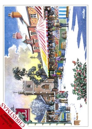 A Christmas card with a picture of a market.