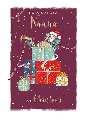 A Christmas card for a special Nanna, with a cat sitting on top of a pile of presents.
