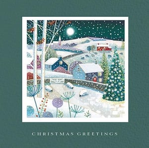 It is a Christmas card with a painting of a snowy village.