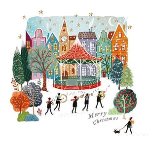 A Merry Christmas card featuring a band playing music at a gazebo in a snowy town.