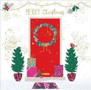 It is a Christmas card with a red door and a wreath on it.