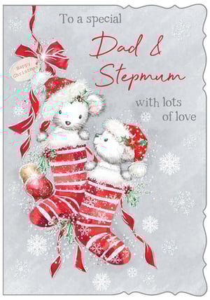 A Christmas card says to a special dad and stepmom with lots of love.