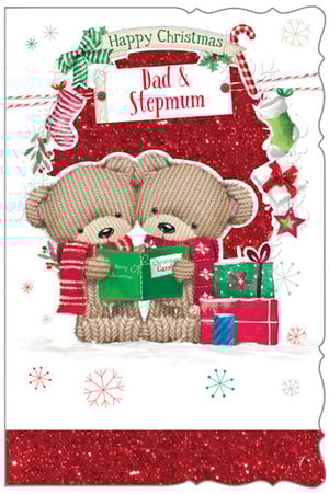A Christmas card that says "Happy Christmas, Dad and Stepmum."