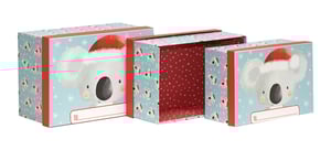 There are no grammatical errors in the sentence "three boxes with a koala wearing a Santa hat."