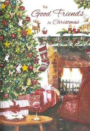 A Christmas card that says "for good friends at Christmas."