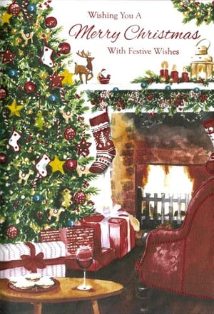 A Christmas card wishes you a Merry Christmas with festive wishes.