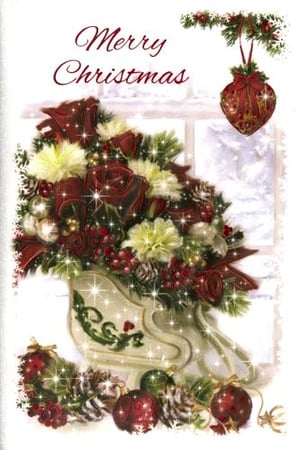 A Christmas card with a vase filled with flowers and decorations.