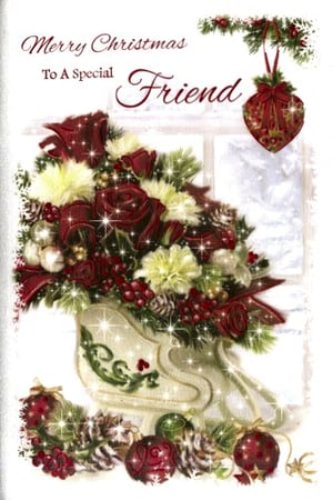 A Christmas card that says "Merry Christmas" to a special friend.