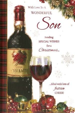 A Christmas card for a son with a bottle of wine and a glass of wine.