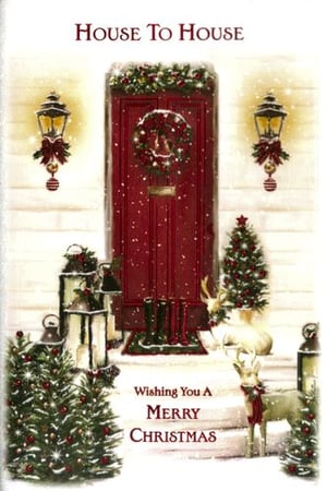 A Christmas card with a red door and Christmas trees.