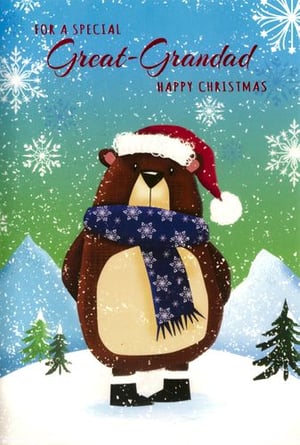 A Christmas card with a bear wearing a Santa hat and scarf.