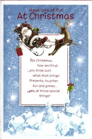 A Christmas card that says "Have lots of fun at Christmas."