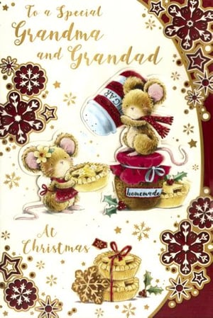 A Christmas card that says "to a special Grandma and Granddad at Christmas."