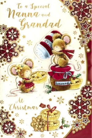 A Christmas card that says "to a special Nanna and Grandad at Christmas."