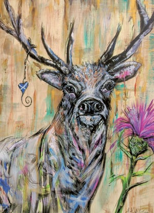 A colorful painting of a deer with a flower in the foreground.